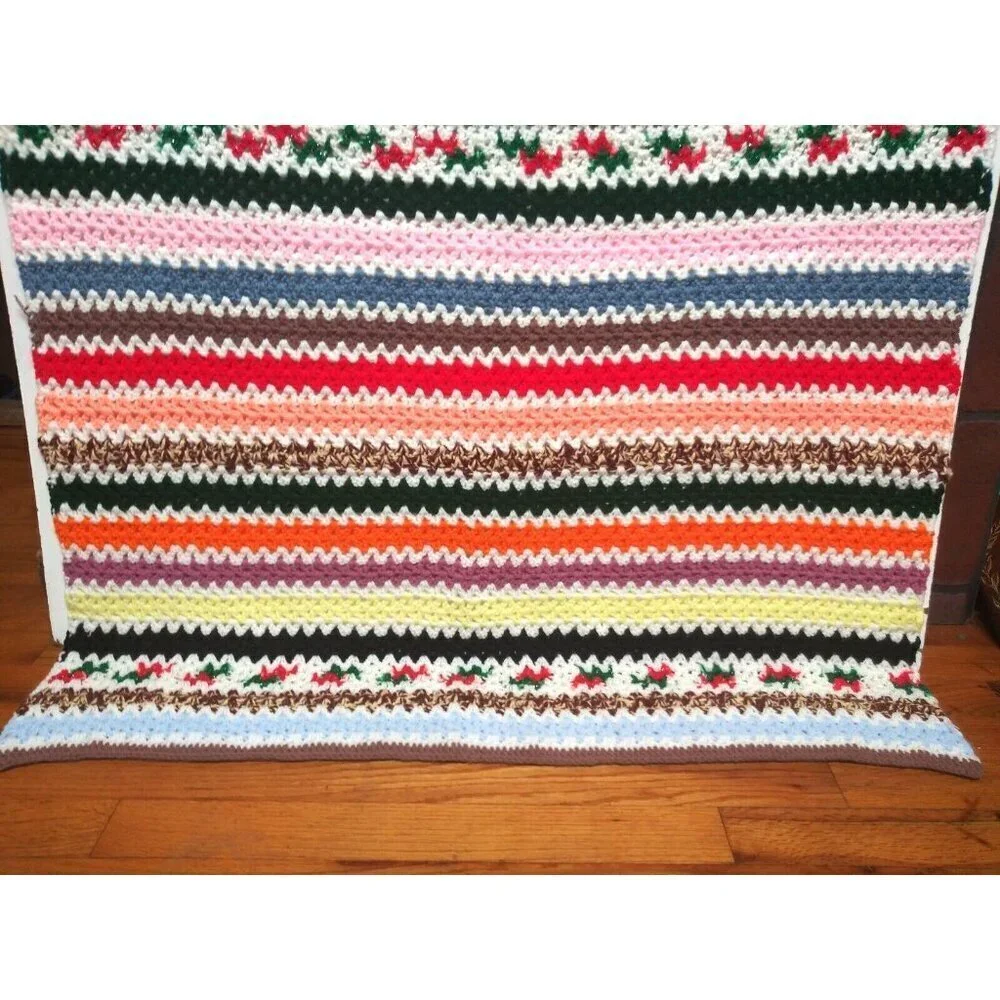 Hand Knit Afghan Fringe Multicolor Striped Throw Blanket 60.5